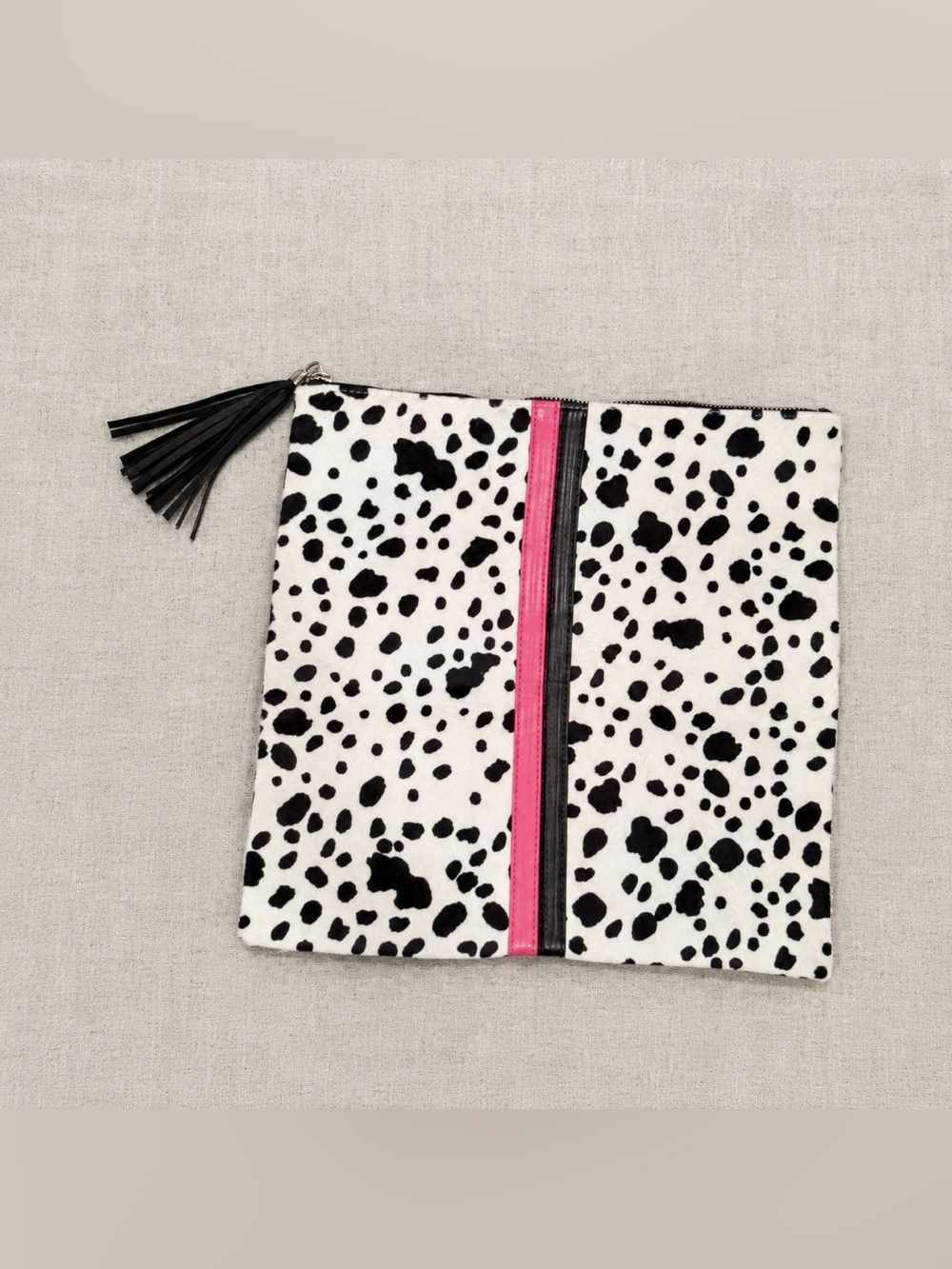 Black White Dalmatian Collection Clutch Pink Stripe Foldover Purse with Tassel - Picture 3 of 10